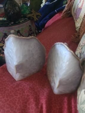 Pair of White Agate Geode Bookends with Gold Trim